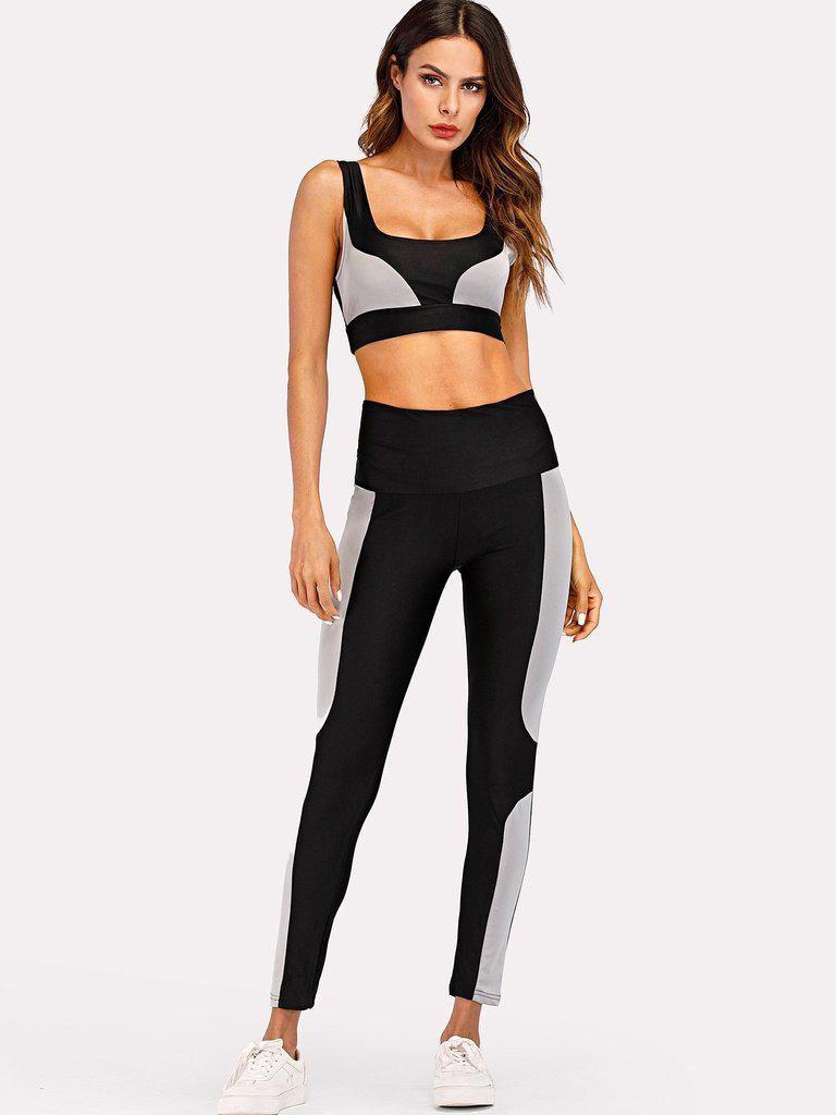Contrast Panel Sports Bra With Leggings-sportswear-Des Mess