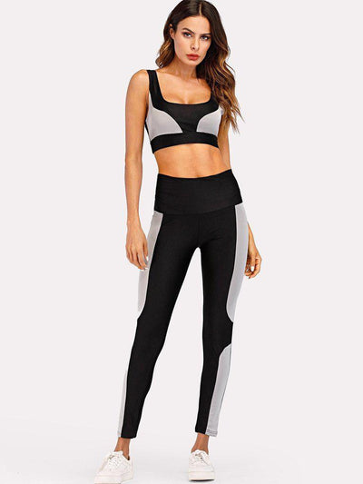 Contrast Panel Sports Bra With Leggings-sportswear-Des Mess