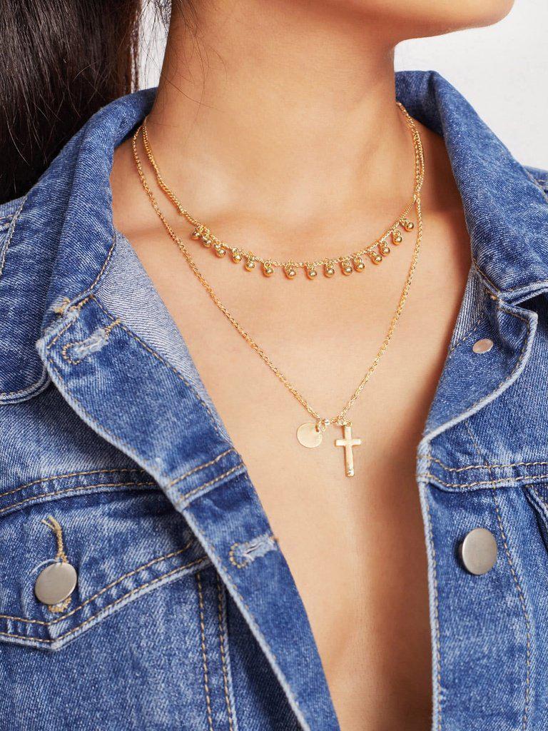 Cross & Sequin Pendant Layered Chain Necklace-jewelry-Des Mess