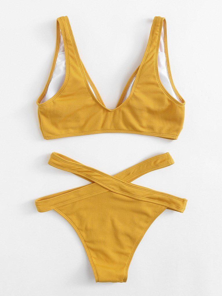 Crisscross Solid Ribbed Knit Bikini Set-swimwear-Des Mess