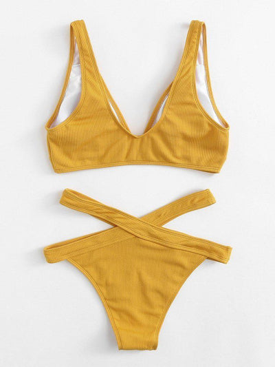 Crisscross Solid Ribbed Knit Bikini Set-swimwear-Des Mess