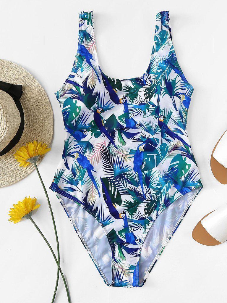 Bird Print Low Back Swimsuit-swimwear-Des Mess
