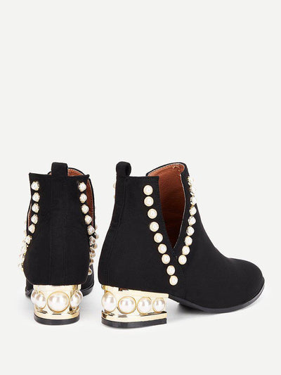 Faux Pearl Block Heeled Ankle Boots-shoes-Des Mess