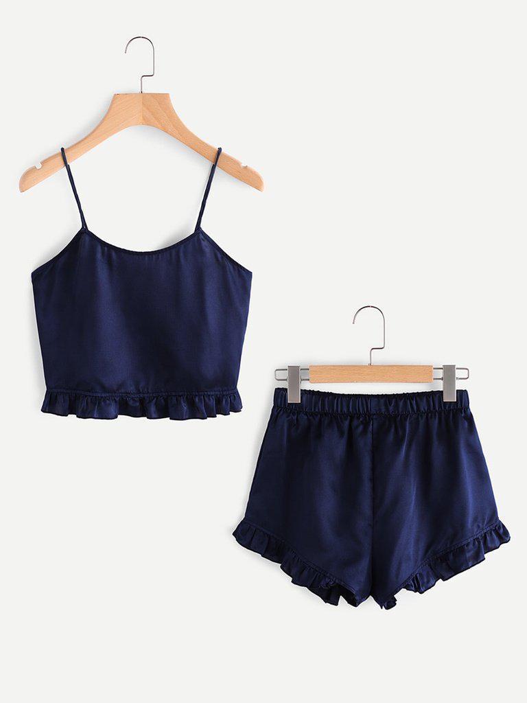 Frill Trim Cami And Shorts Pajama Set-loungewear-Des Mess