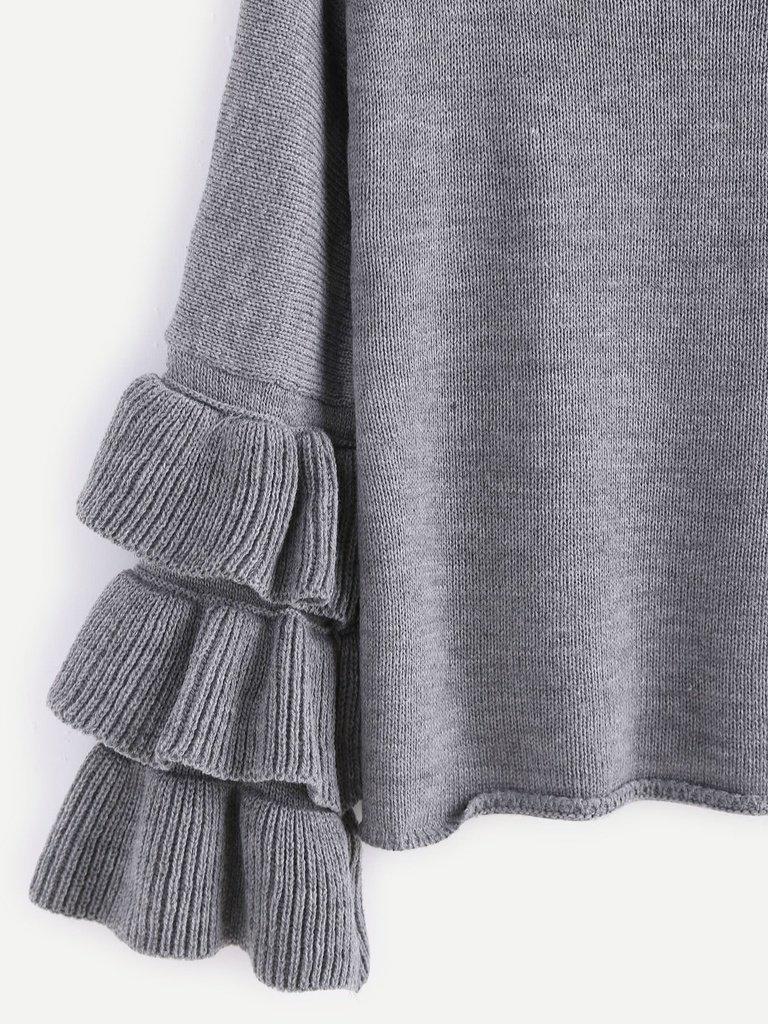 Grey Layered Ruffle Sleeve Pullover Sweater-outerwear-Des Mess