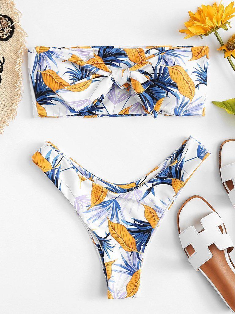 Leaf Print Knot Front Bikini Set-swimwear-Des Mess