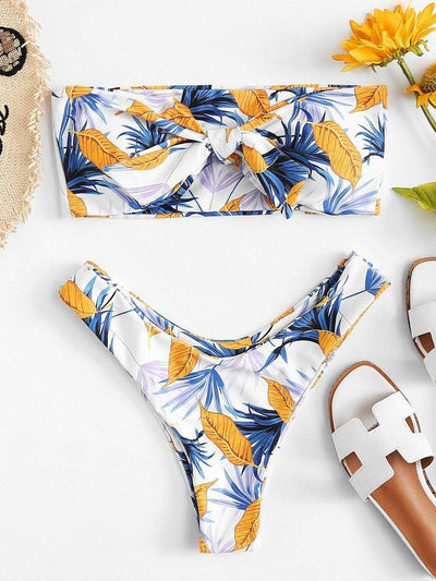 Leaf Print Knot Front Bikini Set-swimwear-Des Mess