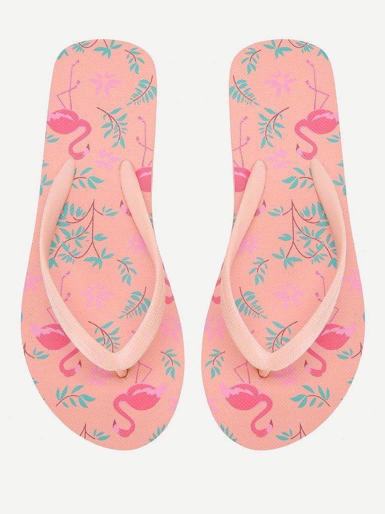 Flamingo Print Flat Slippers-shoes-Des Mess