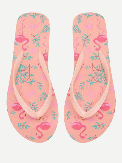 Flamingo Print Flat Slippers-shoes-Des Mess