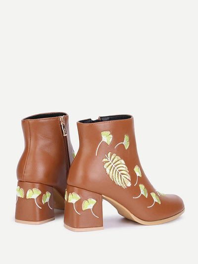 PU Leaf Embroidery Ankle Boots-shoes-Des Mess