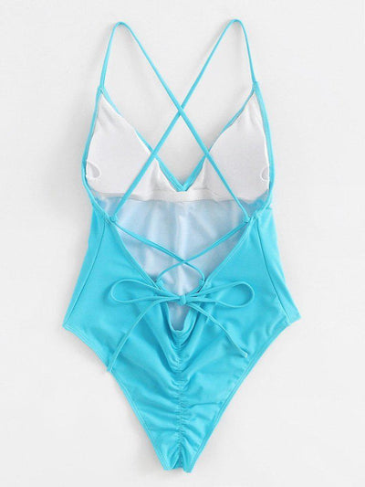 Lace Up Back Ruched Detail Plunge Swimsuit-swimwear-Des Mess