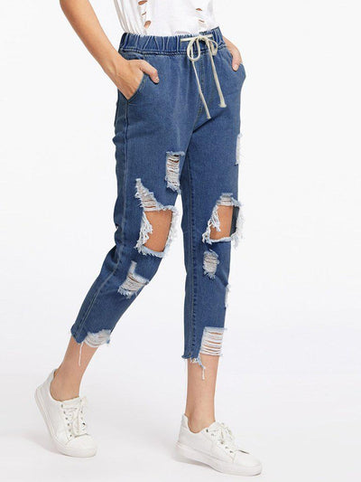 Extreme Destroyed Raw Hem Drawstring Waist Crop Jeans-bottom-Des Mess