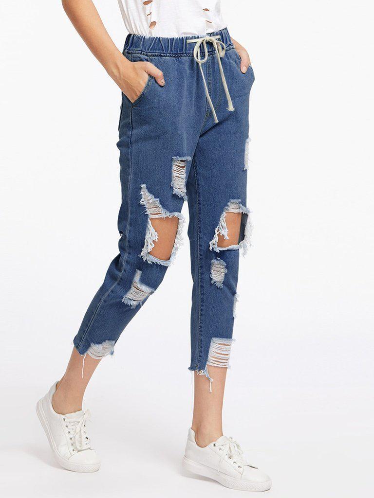 Extreme Destroyed Raw Hem Drawstring Waist Crop Jeans-bottom-Des Mess