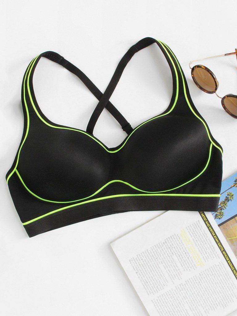 Contrast Seam Cross Back Sports Bra-sportswear-Des Mess
