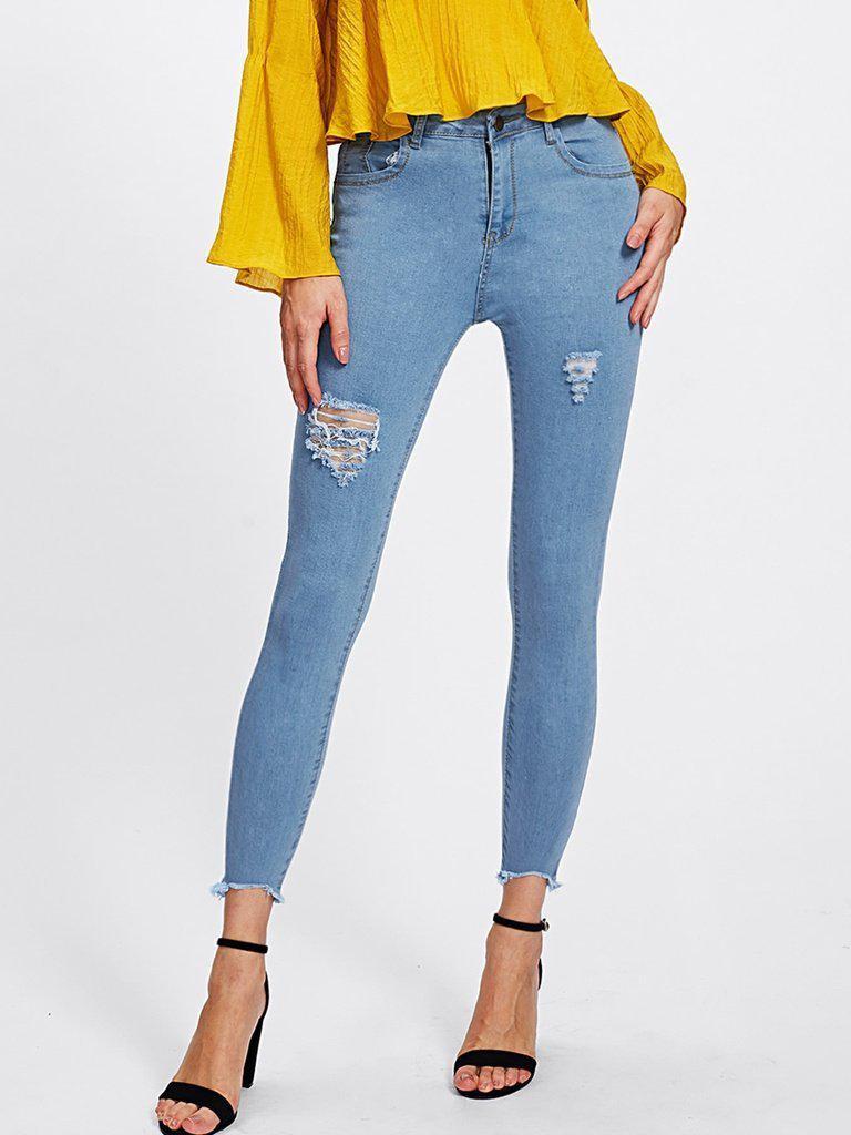Ripped Frayed Hem Skinny Jeans-bottom-Des Mess