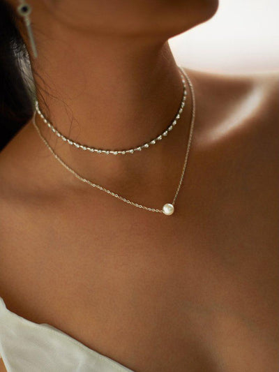 Faux Pearl Pendant Rhinestone Choker Necklace 2pcs-jewelry-Des Mess