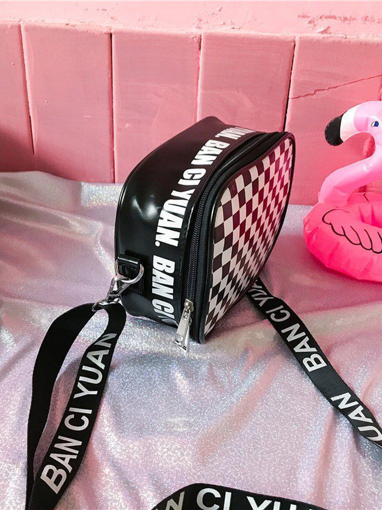 Gingham Crossbody Bag With Letter Strap-accessories-Des Mess