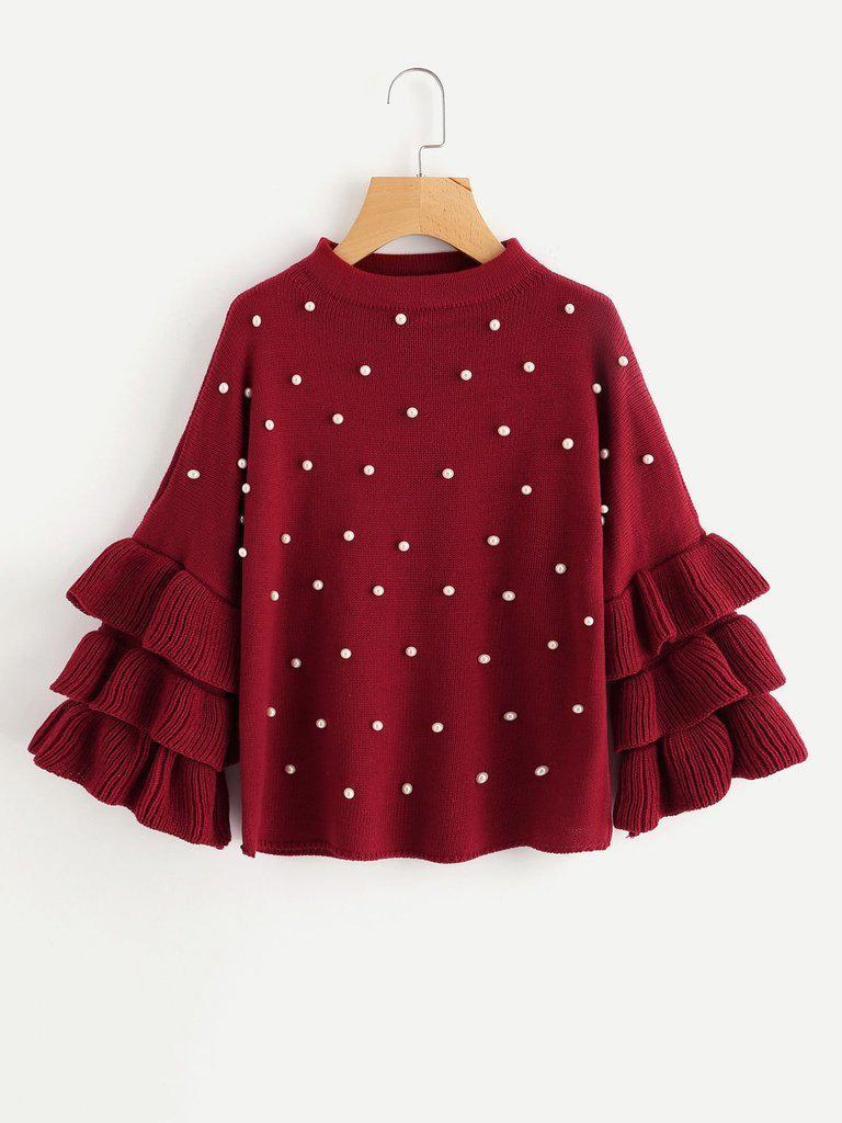 Pearl Beading Tiered Ruffle Sleeve Jumper-outerwear-Des Mess
