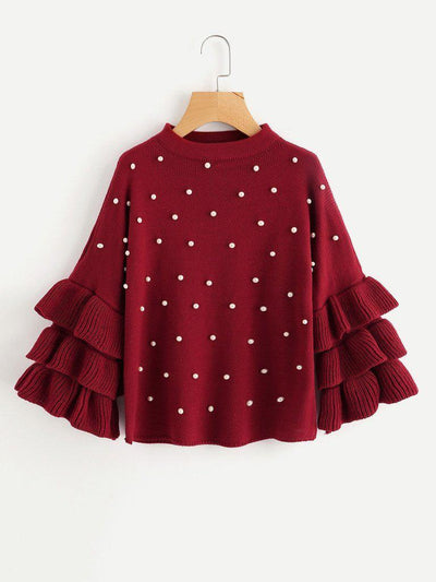 Pearl Beading Tiered Ruffle Sleeve Jumper-outerwear-Des Mess