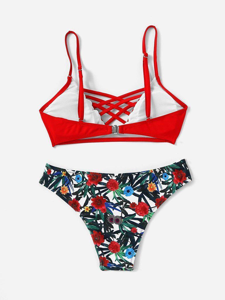Floral Print Crisscross Bikini Set-swimwear-Des Mess