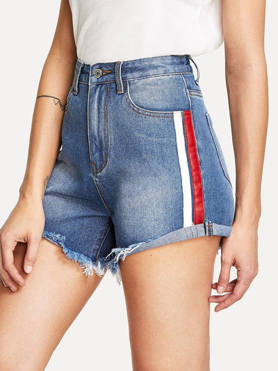 Striped Side Raw Hem Denim Shorts-bottom-Des Mess