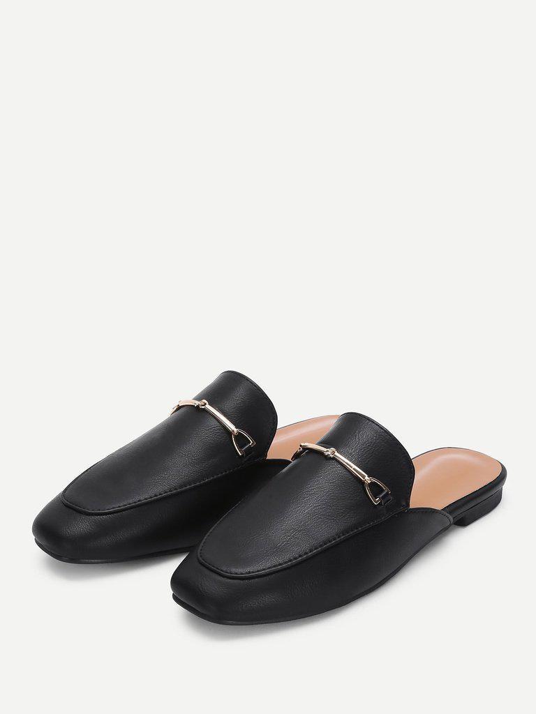 Metal Detail Square Toe PU Flats-shoes-Des Mess