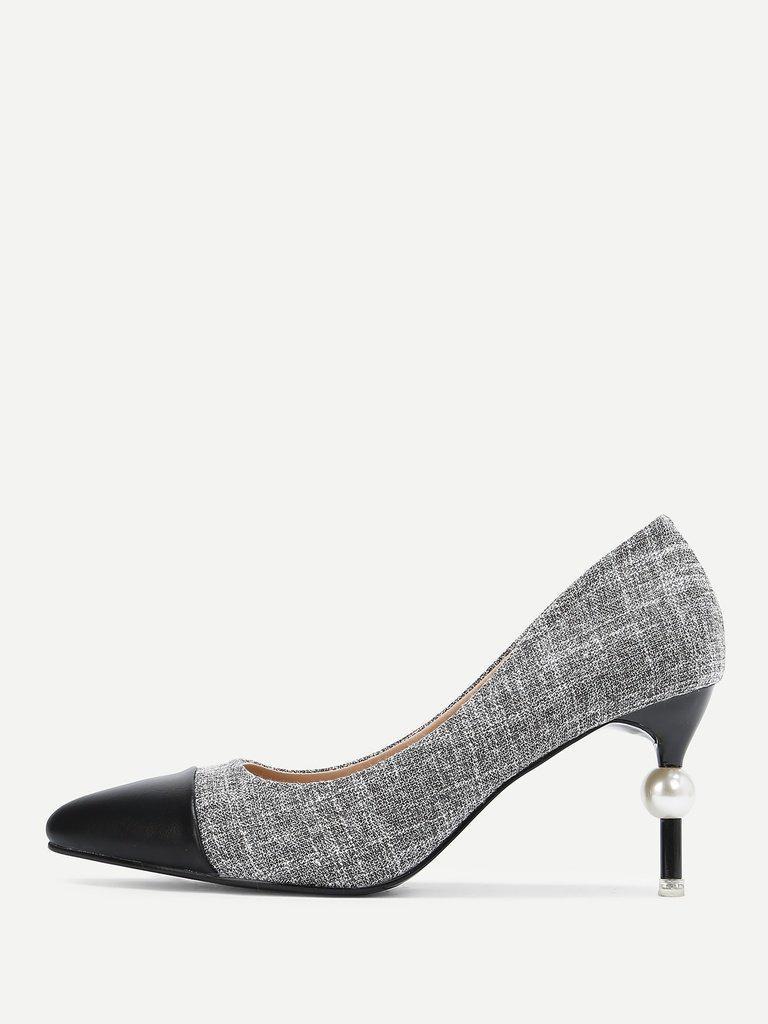 Faux Pearl Decor Cap Toe Heels-shoes-Des Mess