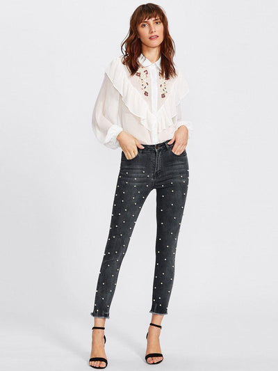 Raw Hem Faux Pearl Detail Jeans-bottom-Des Mess