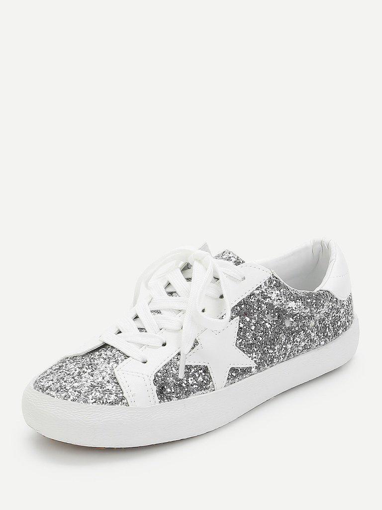 Star Patch Glitter Lace Up Sneakers-shoes-Des Mess