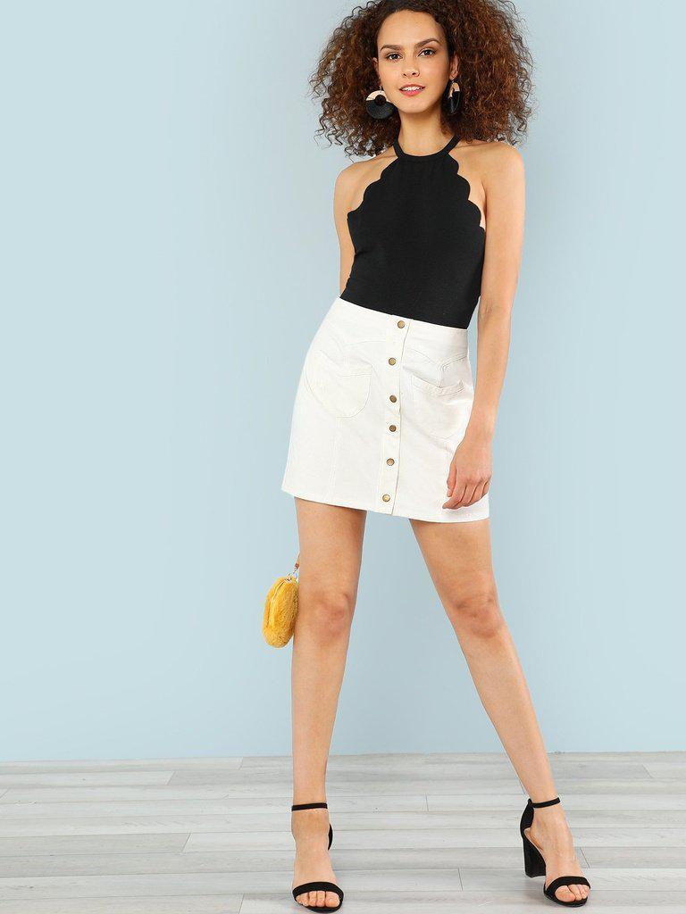 Button Up Solid Skirt-bottom-Des Mess