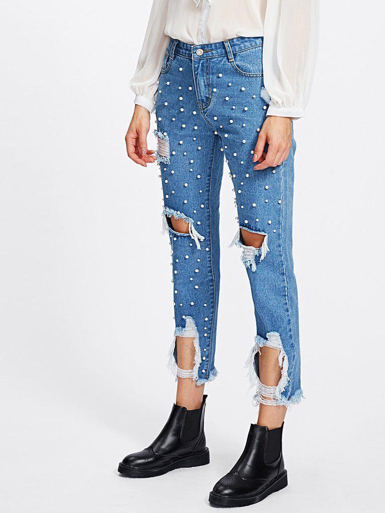 Pearl Beading Destroyed Jeans-bottom-Des Mess