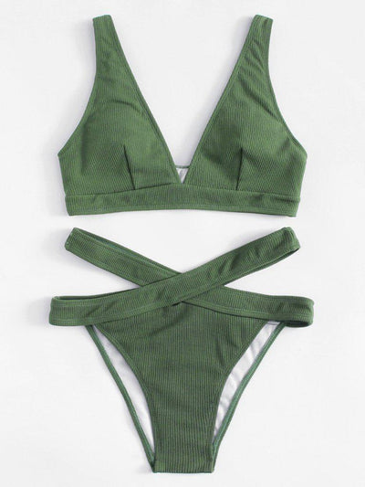 Crisscross Waist Ribbed Bikini Set-swimwear-Des Mess