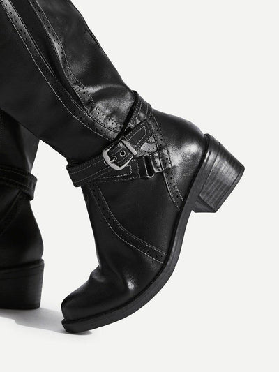 Buckle Side Knee High PU Boots-shoes-Des Mess