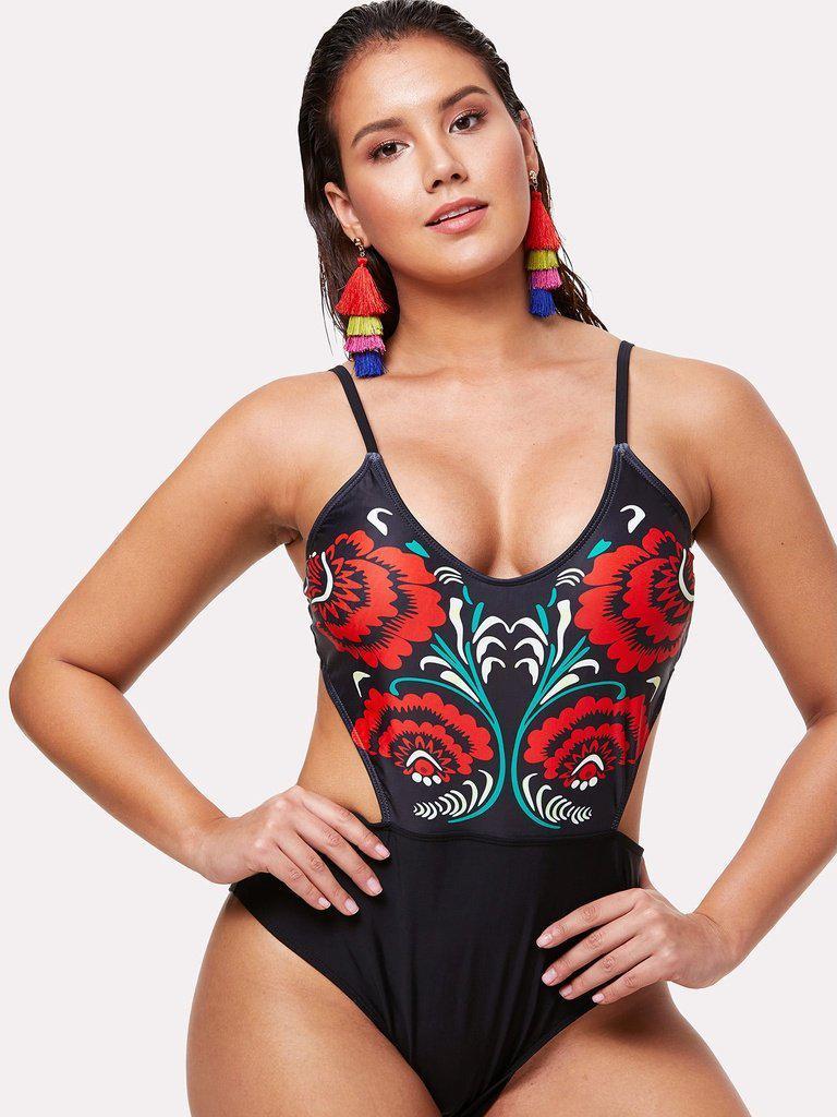 Flower Print Cutout Swimsuit-swimwear-Des Mess