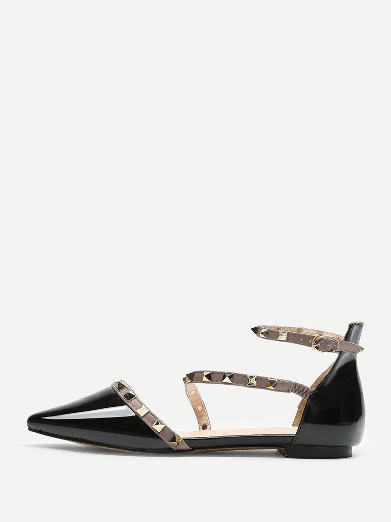 Pointed Toe Studded Decor Flats-shoes-Des Mess