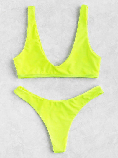 Neon Plunge Neckline High Leg Bikini Set-swimwear-Des Mess