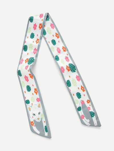 Flower & Cat Print Skinny Scarf-accessories-Des Mess