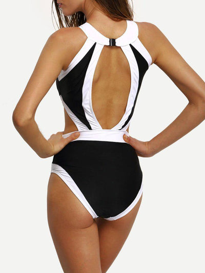 Contrast High Neck Cutout One-Piece Swimwear-swimwear-Des Mess
