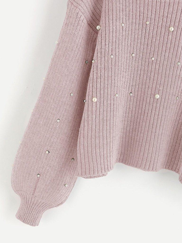 Pearl Embellished Exaggerated Bishop Sleeve Ribbed Sweater-outerwear-Des Mess