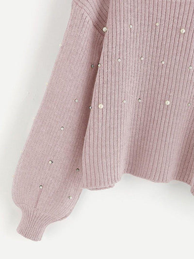 Pearl Embellished Exaggerated Bishop Sleeve Ribbed Sweater-outerwear-Des Mess
