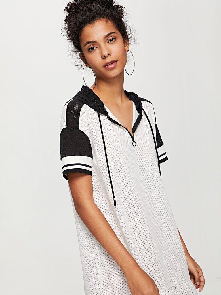 O-Ring Zip Front Ruffle Hem Hooded Dress-sportswear-Des Mess