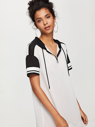 O-Ring Zip Front Ruffle Hem Hooded Dress-sportswear-Des Mess