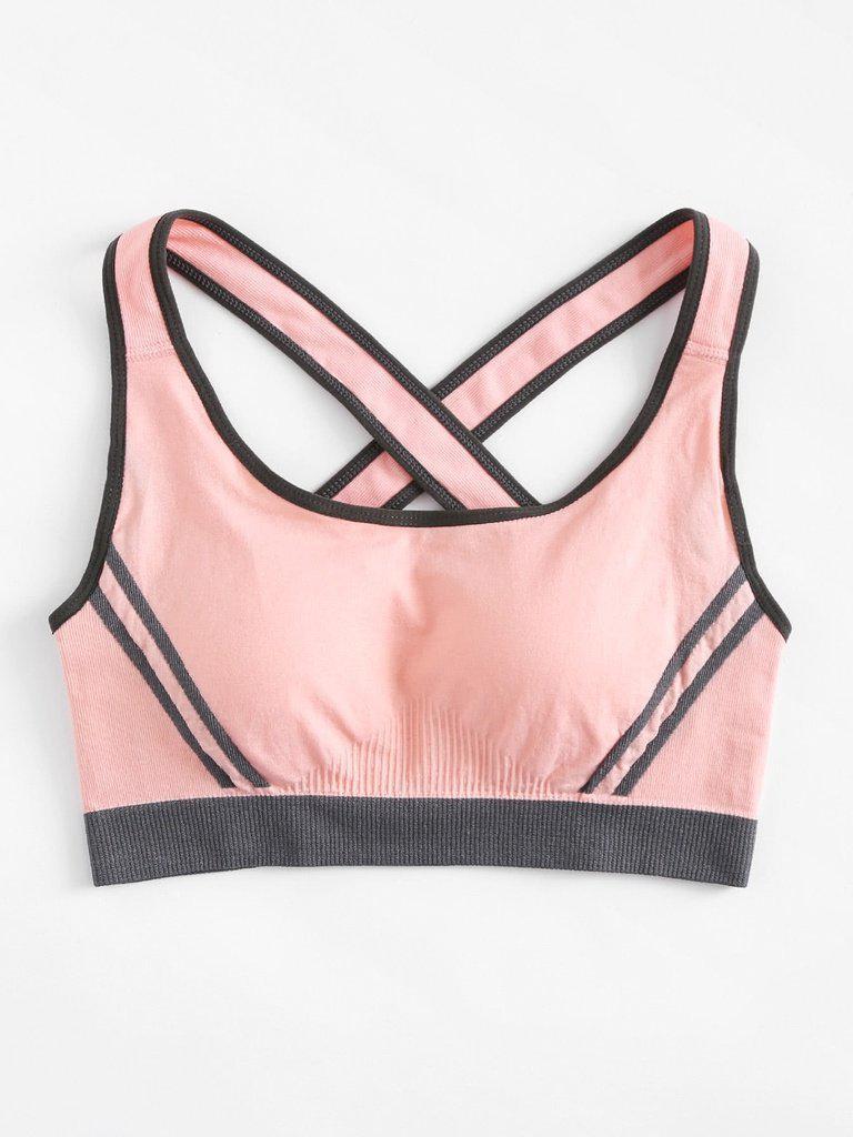 Criss Cross Back Contrast Piping Sports Bra-sportswear-Des Mess