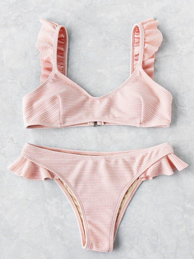 Ruffle Strap Textured Bikini Set-swimwear-Des Mess