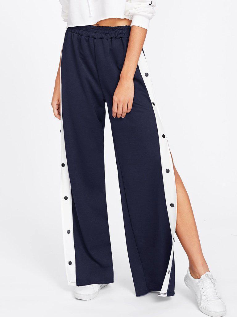 Tape Button Side Wide Leg Pants-bottom-Des Mess