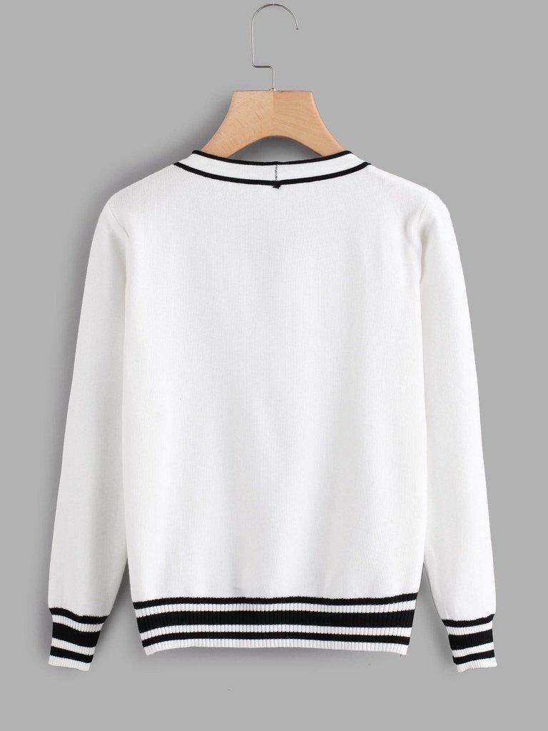 Contrast Stripe Trim Bow Tie Neck Jumper-outerwear-Des Mess