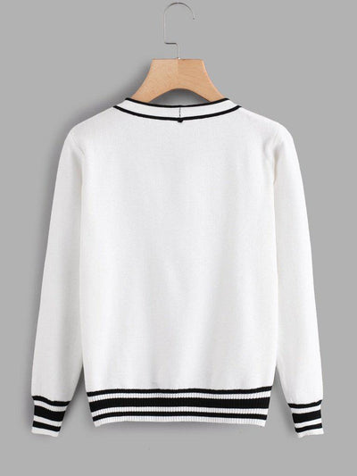 Contrast Stripe Trim Bow Tie Neck Jumper-outerwear-Des Mess