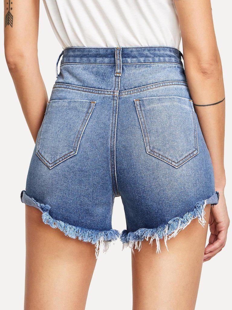 Striped Side Raw Hem Denim Shorts-bottom-Des Mess