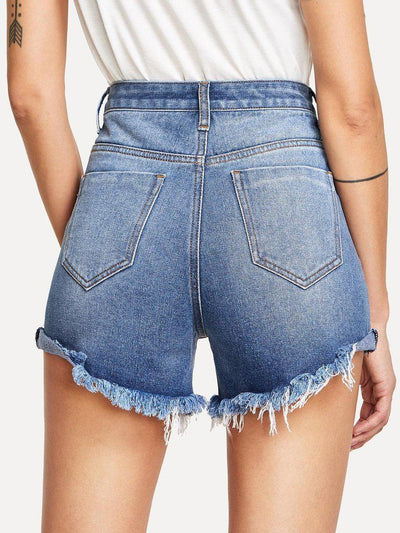 Striped Side Raw Hem Denim Shorts-bottom-Des Mess