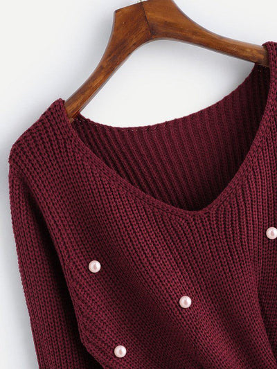 Pearl Beaded Detail Twist Sweater-outerwear-Des Mess